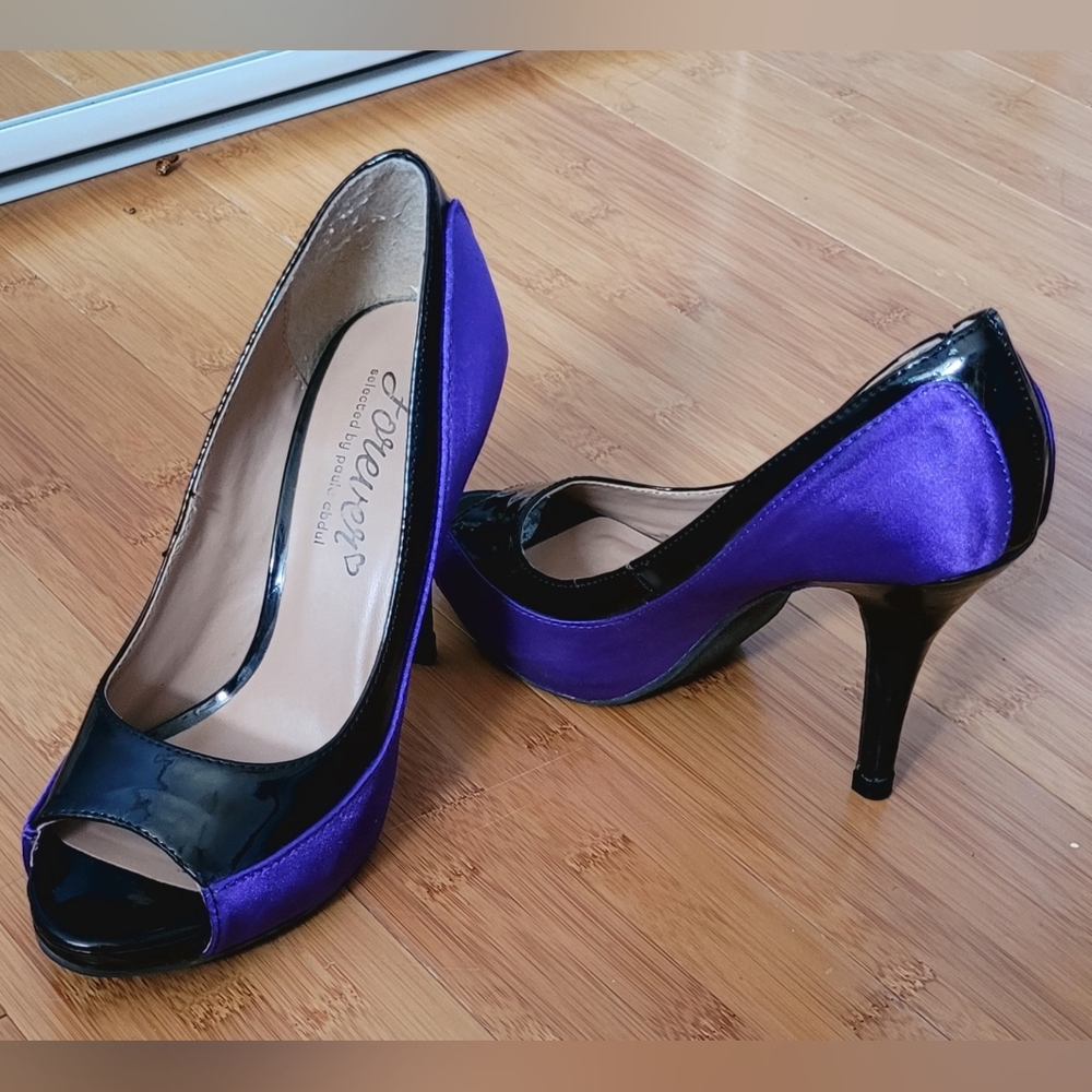 FOREVER Purple and Black Patent Peep-Toe Heels